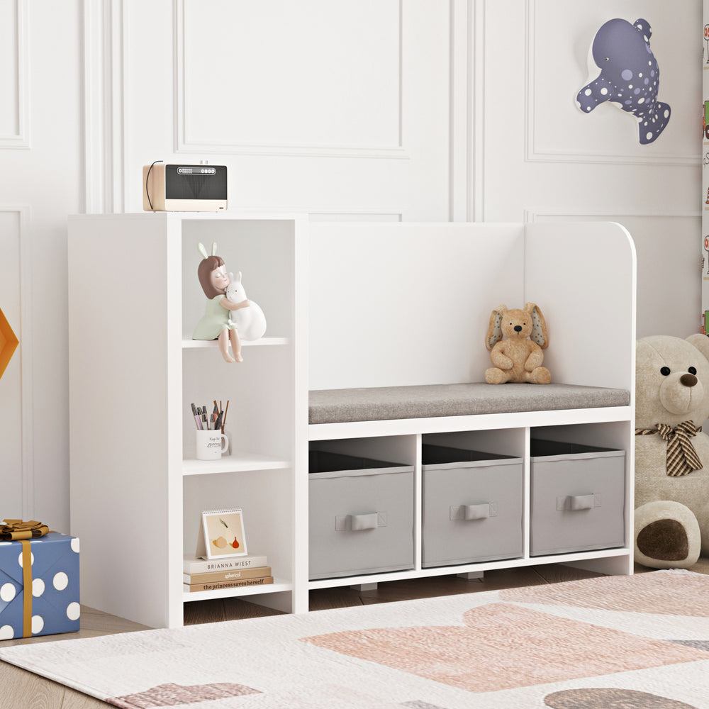 Kinderregal mit Sitzbank Høylandet 76x112x40 cm Weiß/Grau [en.casa] - premiumXL