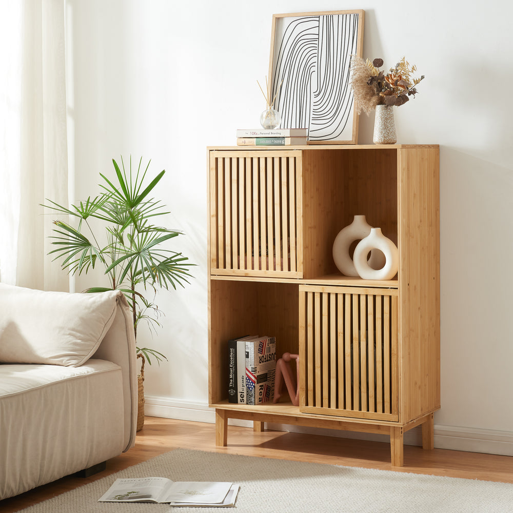 Libreria Bassa Ypäjä in Bambù con Sportelli Scorrevoli [en.casa] 