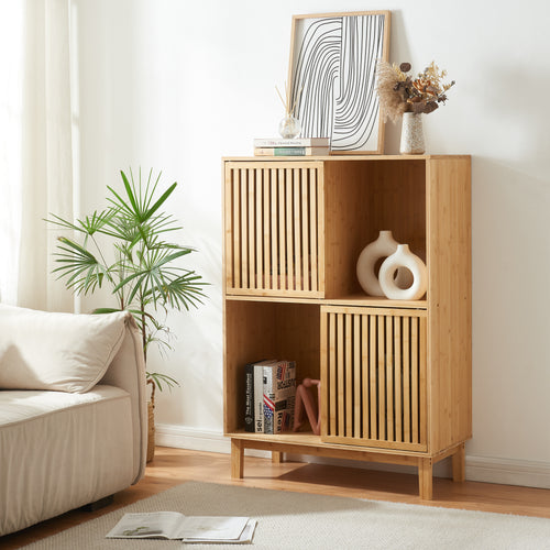 Libreria Bassa Ypäjä in Bambù con Sportelli Scorrevoli [en.casa] 