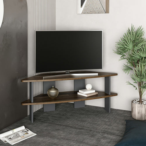 Mobile Angolare Porta TV 'Fredensborg' a 2 Ripiani - Effetto Legno Intarsiato / Antracite [en.casa]