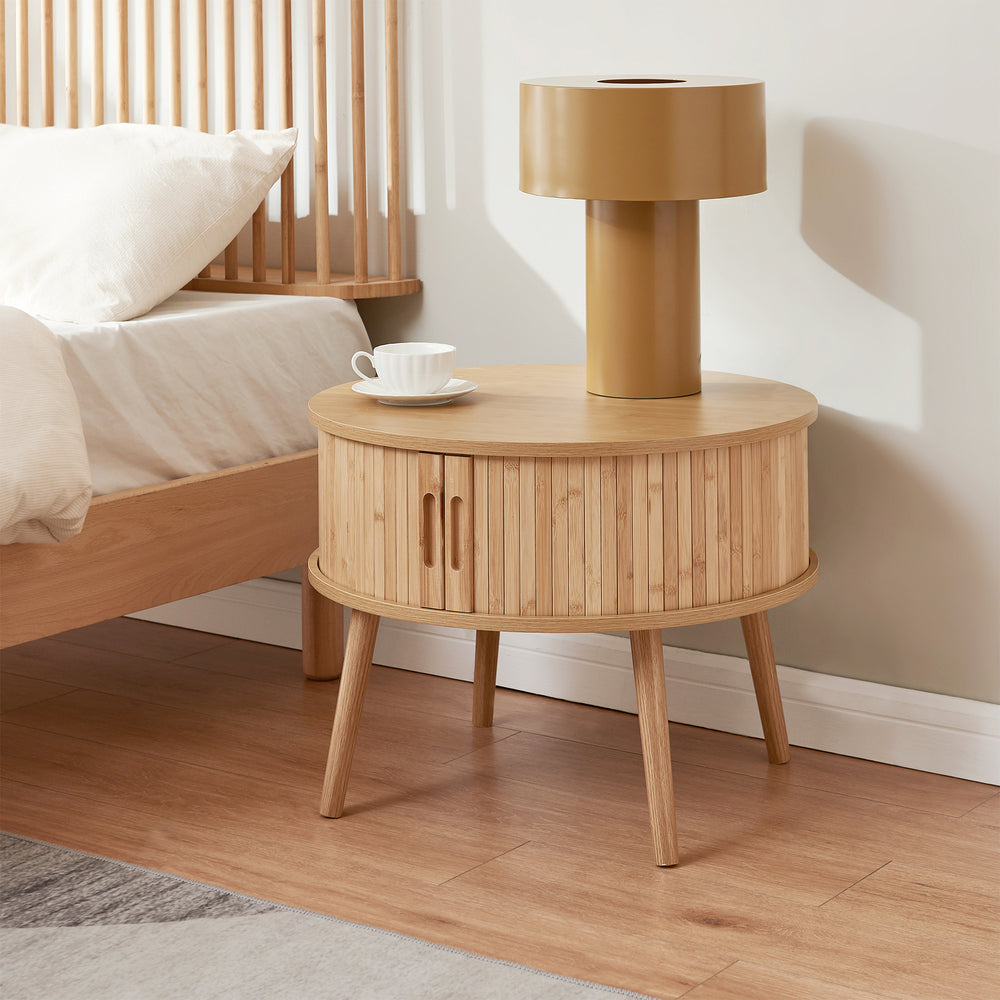 Comodino Rotondo Nordkapp a 2 Ante Scorrevoli in Bambù 45 x Ø60 cm - Naturale [en.casa]