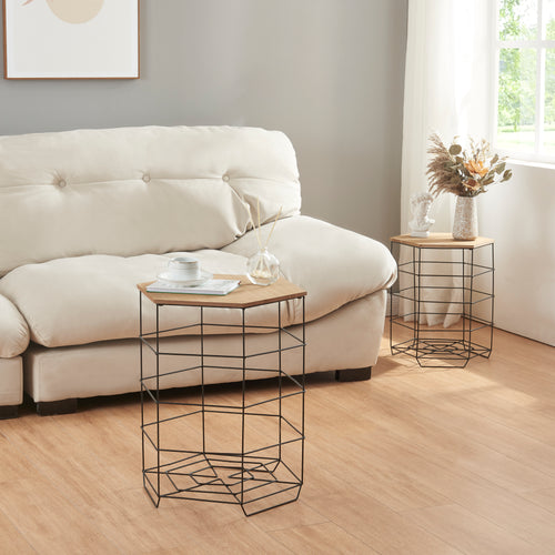 Beistelltisch - Set Hørsholm 2er Set Metallkorb Schwarz / Holzfarben [en.casa] - premiumXL