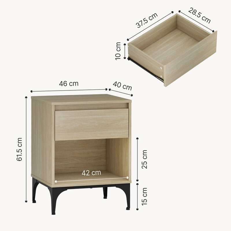 Schizzo in scala Tavolino Laterale Kistiandi Comodino con Cassetto 62 x 46 x 40 cm [en.casa]