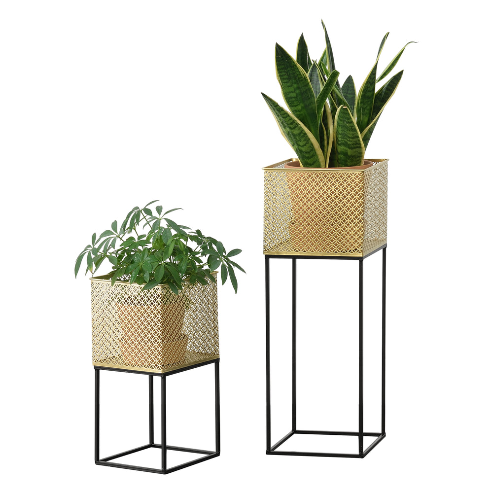 Set di 2 Portavasi in Metallo di Forma Rettangolare Supporto Nero per Piante con Coprivaso in Color Oro in 2 Altezze e Misure Diverse 
