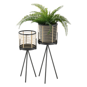 Set di 2 Portavasi in Metallo - Supporto Nero a Treppiedi con Coprivaso a Righe Beige - Portapiante in 2 Misure Diverse 