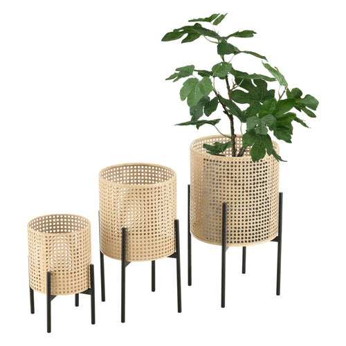 Set di 3 Portavasi in Metallo Supporto Nero con Coprivaso Tondo in Color Sabbia - Portapiante in 3 Misure Diverse