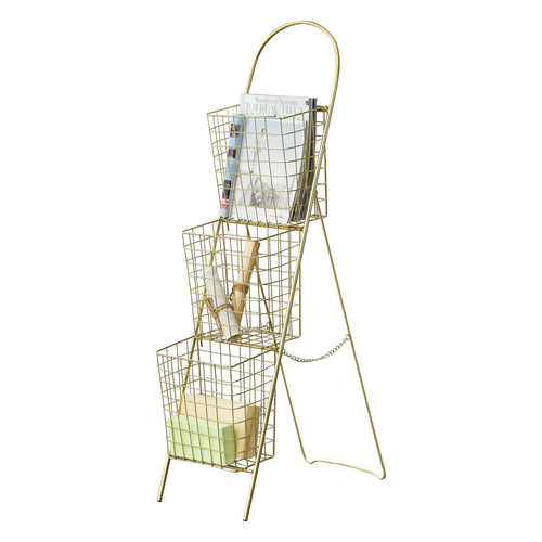 Scaffale di Design con 3 Cestini Rimovibili - Mobiletto in Metallo a Forma di Scala con 3 Contenitori - Portariviste, Portafrutta, Portaoggetti - Colore Ottone