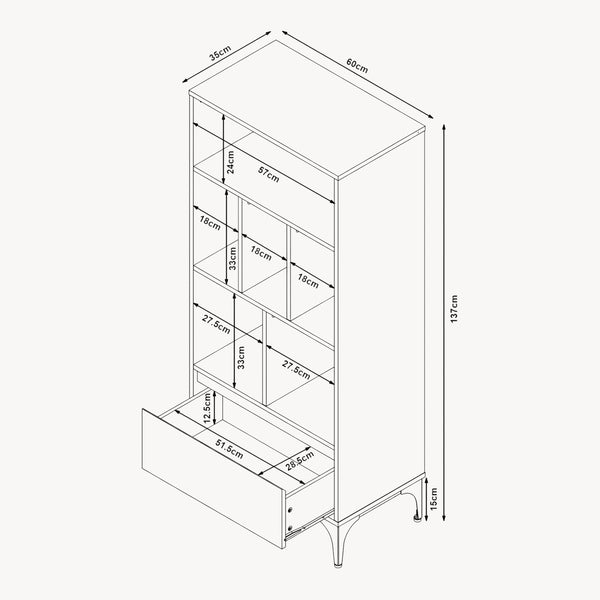 Libreria Kistiandi con 6 Vani Aperti e Cassetto 137 x 60 x 35 cm [en.casa]