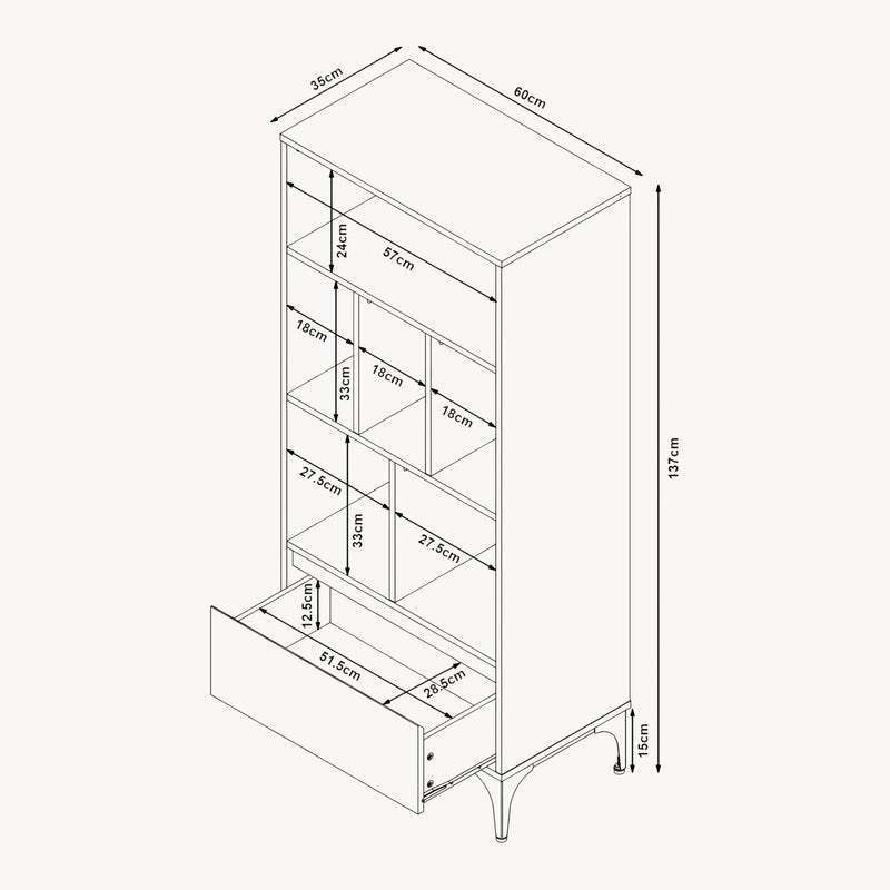 Schizzo in scala Libreria Kistiandi con 6 Vani Aperti e Cassetto 137 x 60 x 35 cm [en.casa]