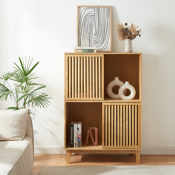 Libreria Bassa Ypäjä in Bambù con Sportelli Scorrevoli [en.casa] 