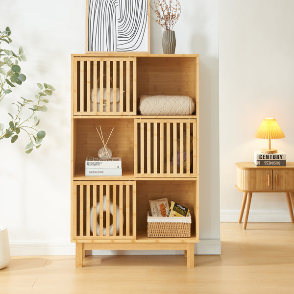 Libreria Bassa Ypäjä in Bambù con Sportelli Scorrevoli [en.casa] 