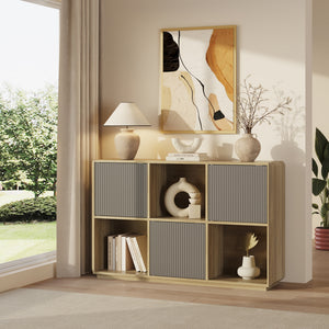 Credenza Trömi Mobile Buffet a 3 Ante e 6 Scomparti 75 x 120 x 30 cm - Effetto Rovere/Grigio [en.casa]