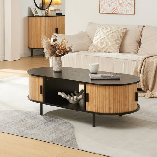 Tavolino Tvedestrand da Salotto con 2 Ante Scorrevoli in Bambù 120 x 55 x 40 cm [en.casa]