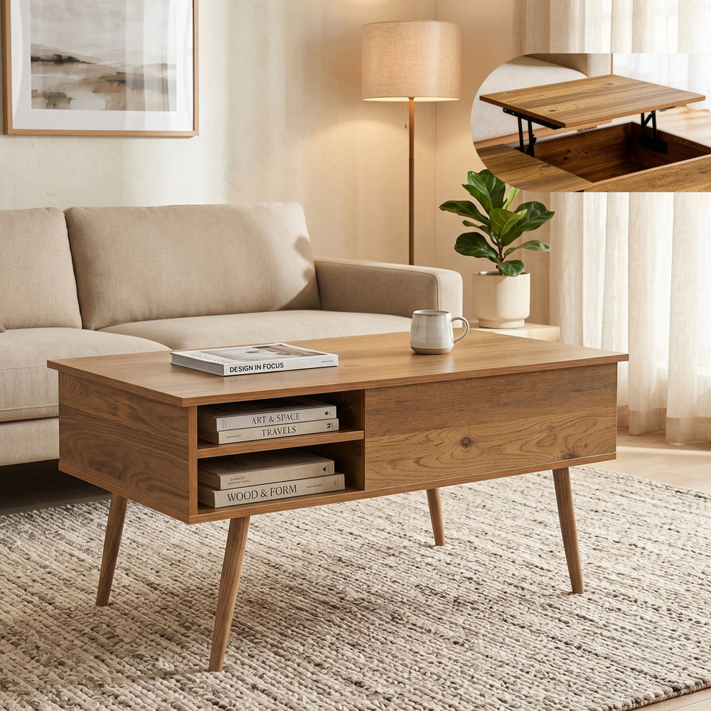 Tavolino da Salotto Vasdabod con Piano Sollevabile e 2 Vani Aperti 96 x 59 x 50 cm - Effetto Rovere [en.casa]