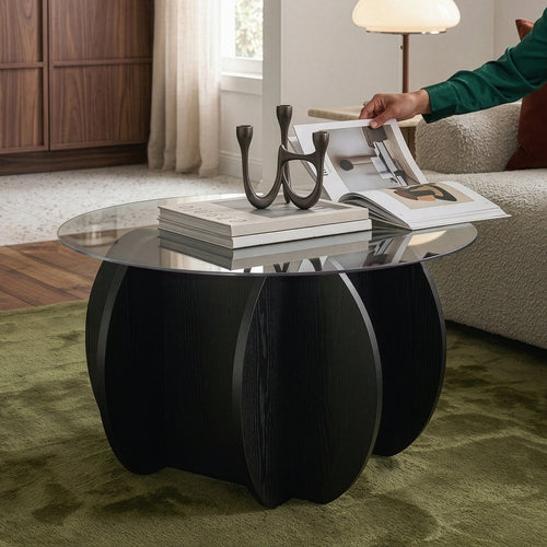 Tavolino Karhuvandi con piano in vetro Ø70x40 cm Nero/Grigio [en.casa]
