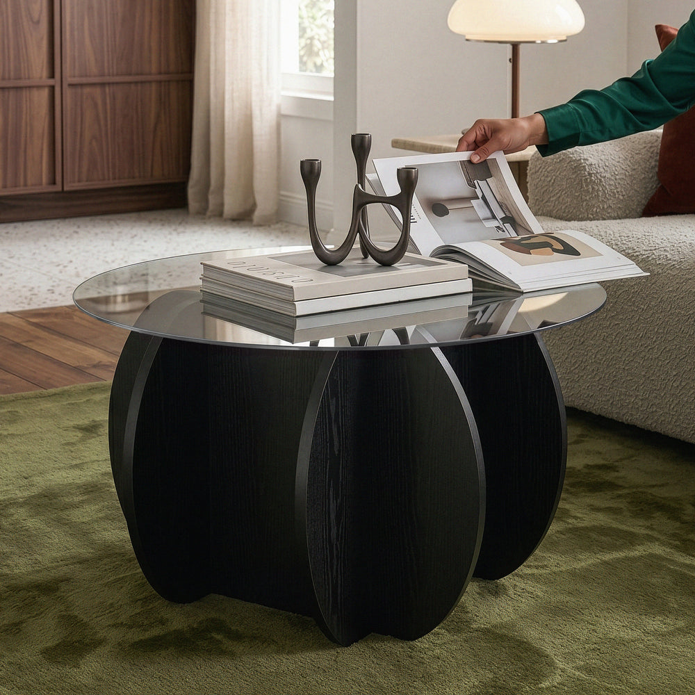 Tavolino Karhuvandi con piano in vetro Ø70x40 cm Nero/Grigio [en.casa]