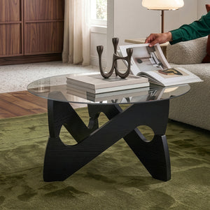 Tavolino da Caffè Reypio con Piano Rotondo in Vetro Fumé (ØxA) 70 x 35 cm - Nero/Grigio [en.casa]