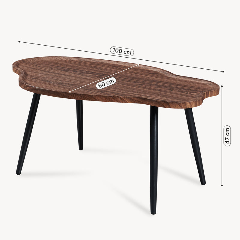 Schizzo in scala Tavolino da Caffè Trestaneng con Piano Sagomato 100x60x47 cm - Effetto Noce [en.casa] 
