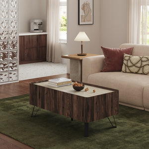 Tavolino da Salotto Trorlon con 2 Cassetti 100x50x40 cm - Effetto Noce/Travertino [en.casa]