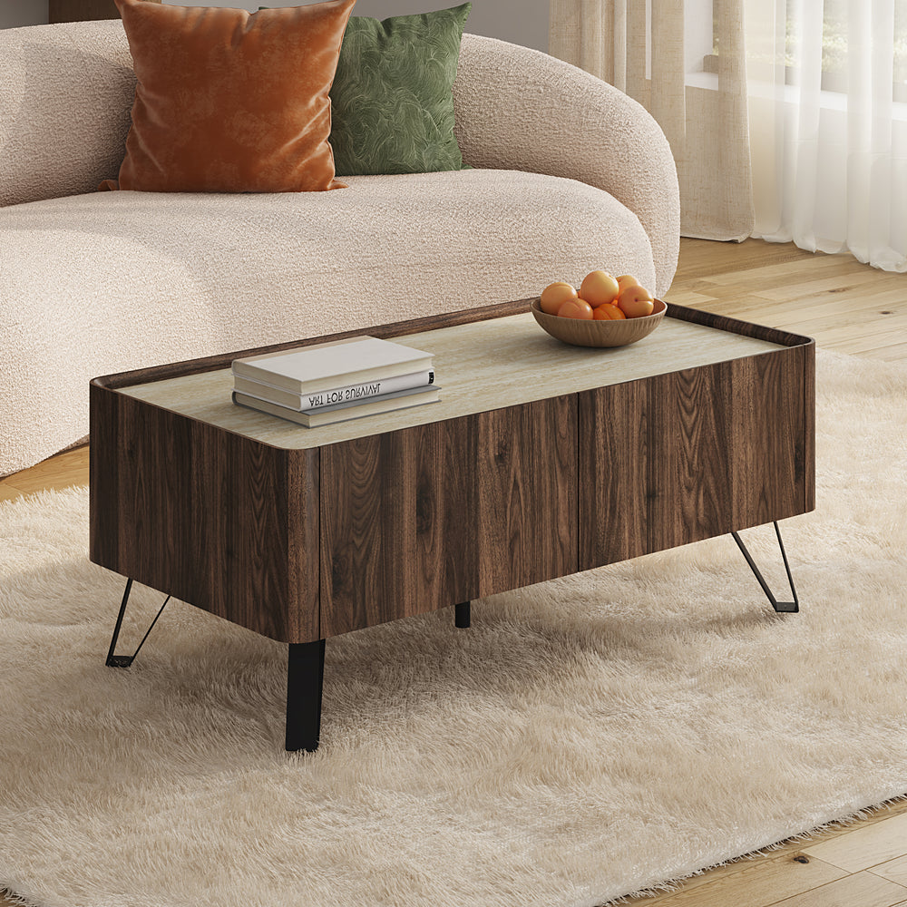 Tavolino da Salotto Trorlon con 2 Cassetti 100x50x40 cm - Effetto Noce/Travertino [en.casa]