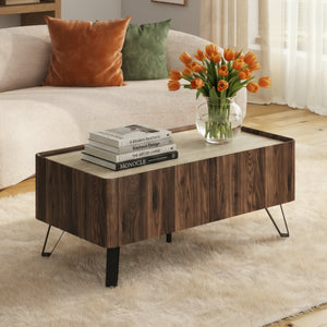 Tavolino da Salotto Trorlon con 2 Cassetti 100x50x40 cm - Effetto Noce/Travertino [en.casa]