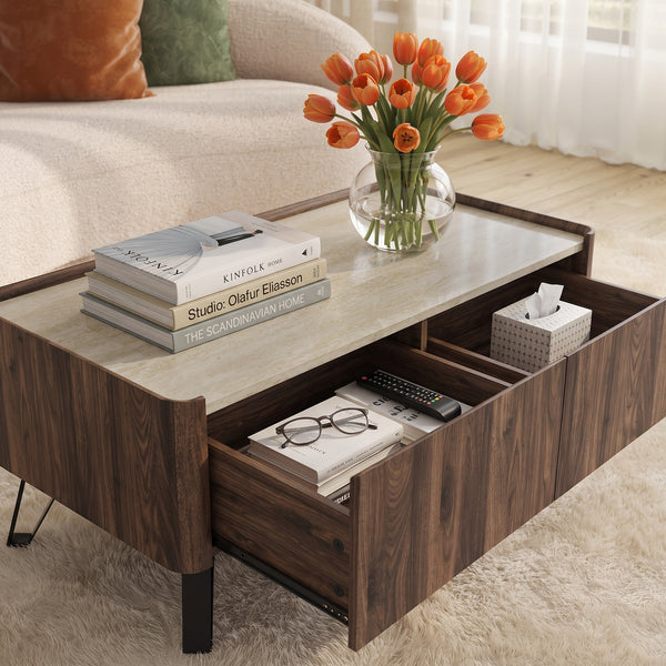Tavolino da Salotto Trorlon con 2 Cassetti 100x50x40 cm - Effetto Noce/Travertino [en.casa]
