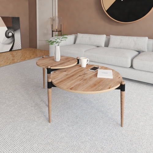 Tavolino Basso da Salotto 'Kristinestad' con Piani Rotondi in Altezze Diverse - Legno di Pino [en.casa]