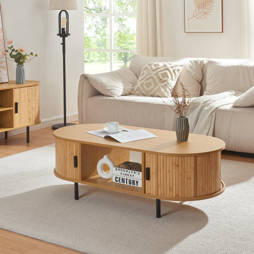 Tavolino Tvedestrand da Salotto con 2 Ante Scorrevoli in Bambù 120 x 55 x 40 cm [en.casa]