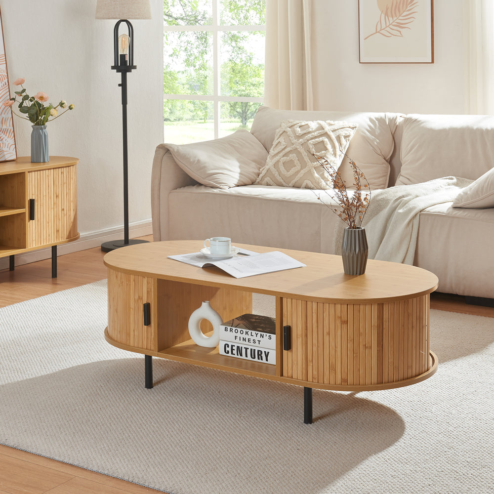Tavolino Tvedestrand da Salotto con 2 Ante Scorrevoli in Bambù 120 x 55 x 40 cm [en.casa]