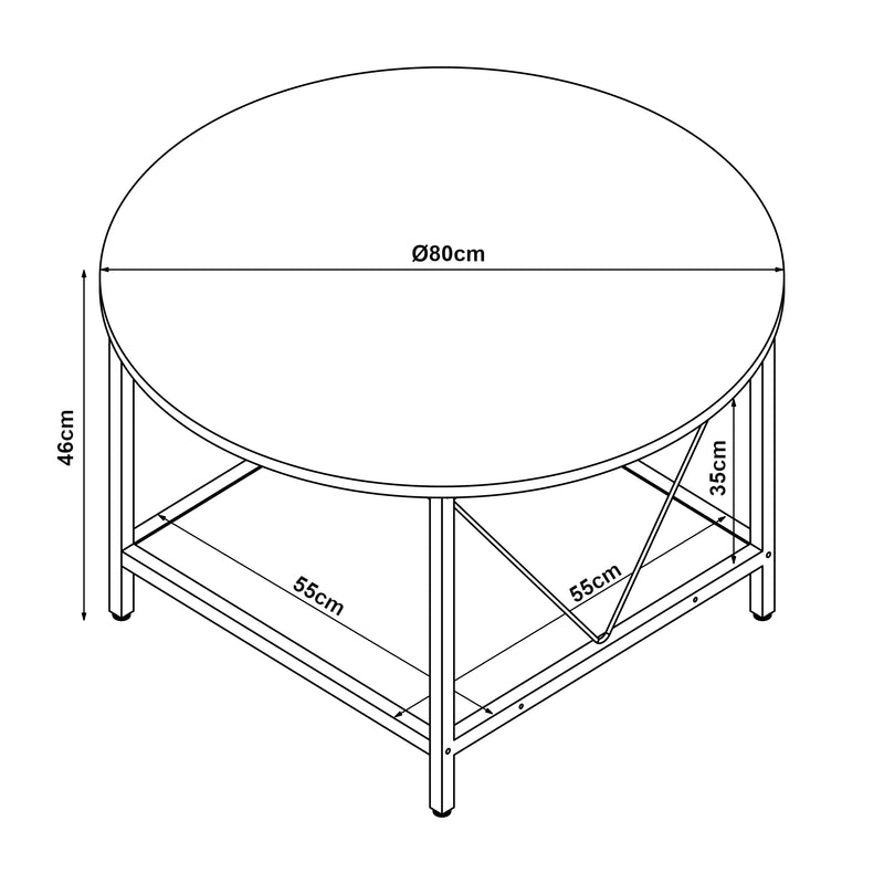 Schizzo in scala Tavolino da Caffè Filem con Piano Rotondo e Ripiano ØxA: 80 x 46 cm [en.casa]