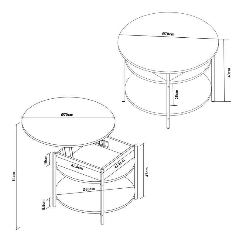 Schizzo in scala Tavolino da Caffè Kandas con Piano Rotondo Sollevabile (ØxA): 70x49 cm [en.casa]