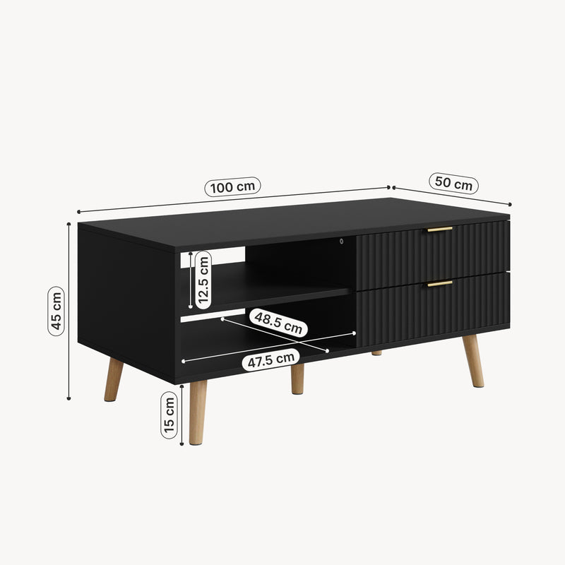 Schizzo in scala Tavolino da Salotto Nand con 2 Cassetti e 3 Scomparti Aperti 100 x 50 x 45 cm [en.casa] 