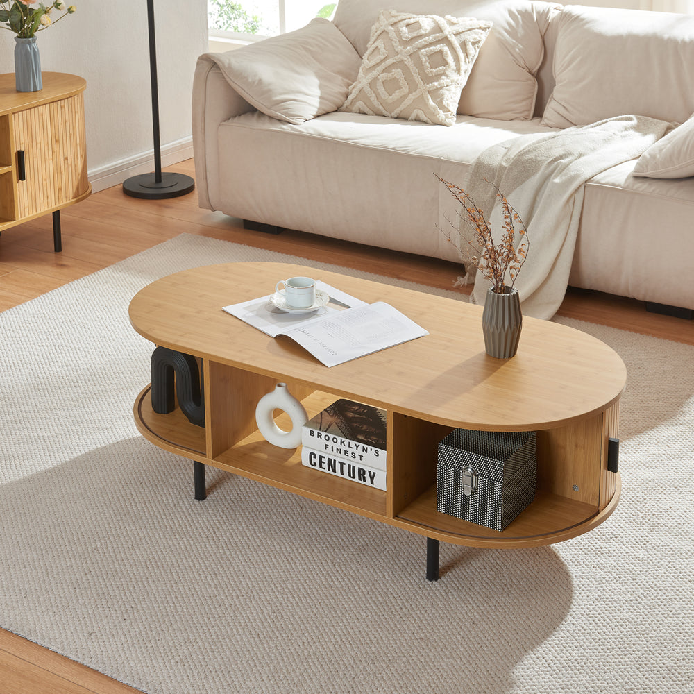 Tavolino Tvedestrand da Salotto con 2 Ante Scorrevoli in Bambù 120 x 55 x 40 cm [en.casa]