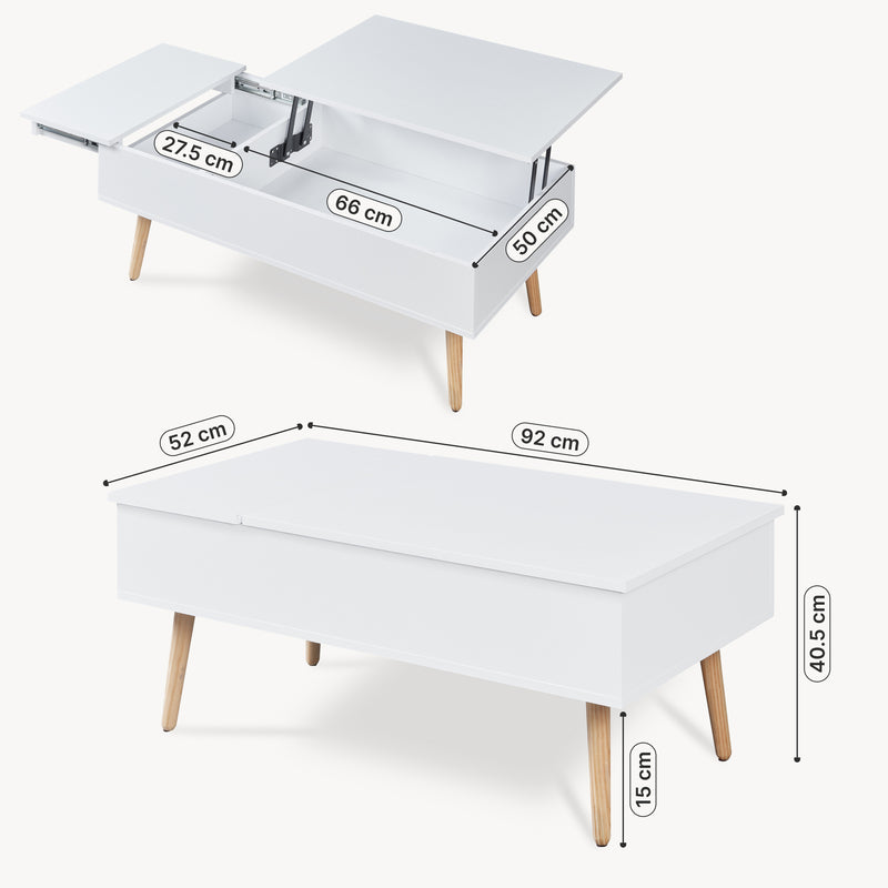 Schizzo in scala Tavolino da Salotto Flesen con Piano Sollevabile e Scomparti 92 x 52 x 41 cm [en.casa]