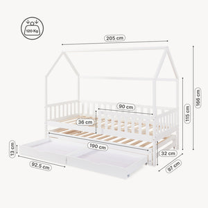 Letto a Casetta per Cameretta Aarghonmaa in Legno di Pino con Letto Estraibile e 2 Cassetti 90x200 cm [en.casa]