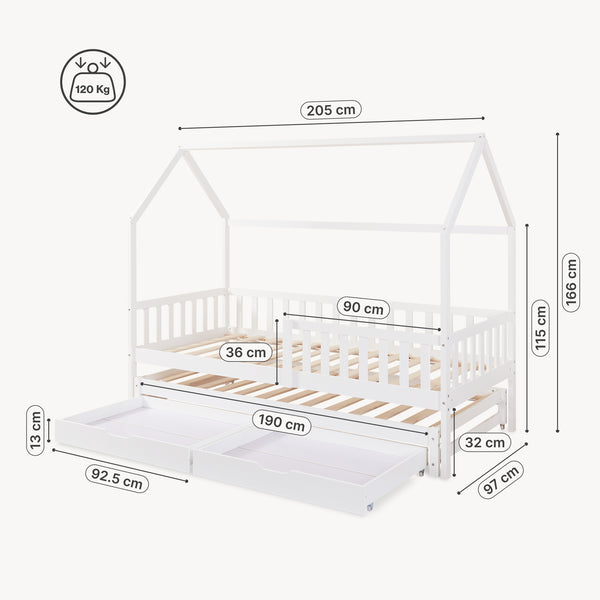 Letto a Casetta per Cameretta Aarghonmaa in Legno di Pino con Letto Estraibile e 2 Cassetti 90x200 cm [en.casa]