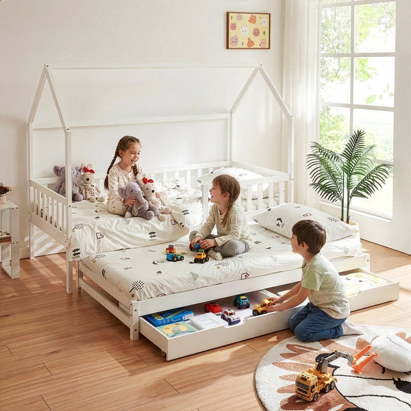 Letto a Casetta per Cameretta Aarghonmaa in Legno di Pino con Letto Estraibile e 2 Cassetti 90x200 cm [en.casa]