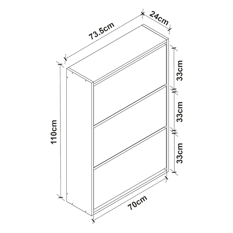 Schizzo in scala Scarpiera Salvaspazio Slim con 3 Contenitori Ribaltabili Portascarpe Stretto da Ingresso Capienza 18 Paia 110 x 73,5 x 24 cm - Vari Colori [en.casa]