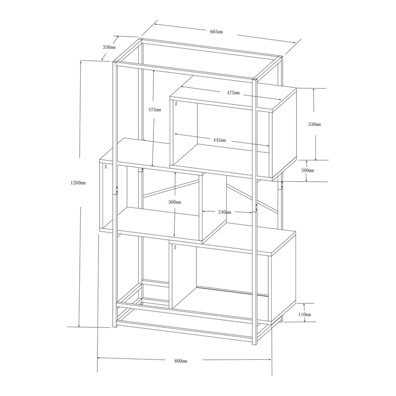 Schizzo in scala Libreria Rennebu con Scomparti Aperti - Effetto Rovere / Nero [en.casa] 