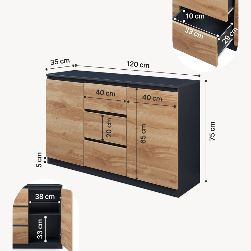 Schizzo in scala Credenza Mobile Contenitore Kyr Comò con Ante e Cassetti - Nero/Effetto Rovere Rustico [en.casa]