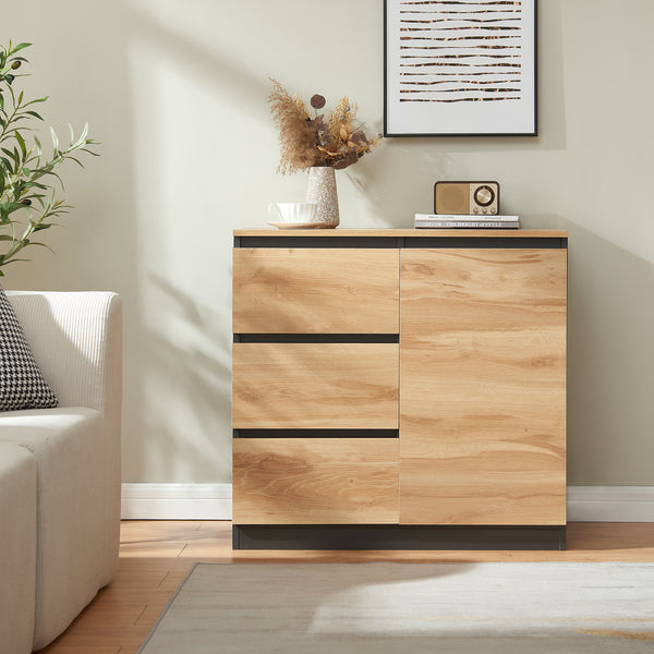 Credenza Mobile Contenitore Kyr Comò con Ante e Cassetti - Nero/Effetto Rovere Rustico [en.casa]