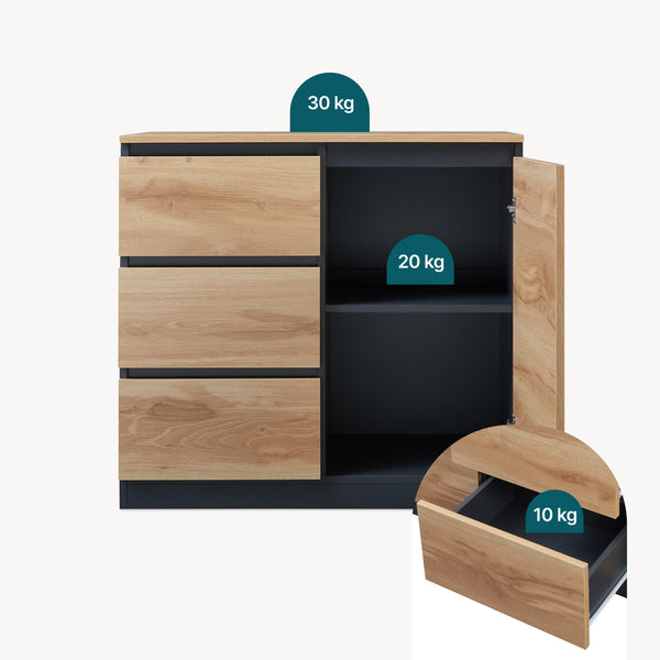 Credenza Mobile Contenitore Kyr Comò con Ante e Cassetti - Nero/Effetto Rovere Rustico [en.casa]