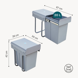 Pattumiera Estraibile Froland con 2 o 3 Bidoni Sotto Lavello - Capacitá varie - 48 x 34 x 42 cm Grigio [en.casa] 
