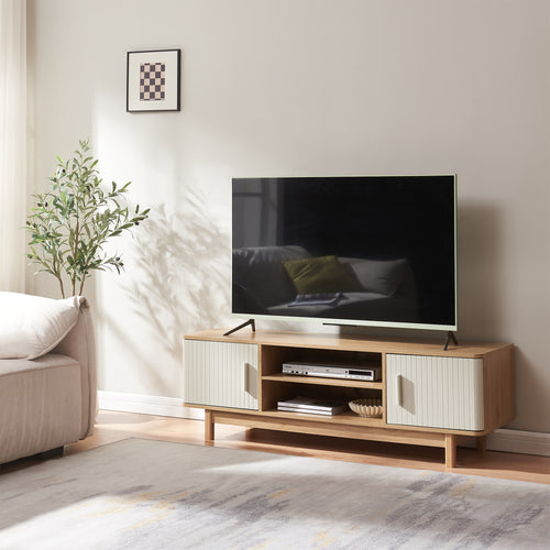 Mobile Porta TV Ferrersp a 2 Ante e Scomparti Aperti 140 x 40 x 45 cm - Effetto Rovere / Avena Oatmeal [en.casa]