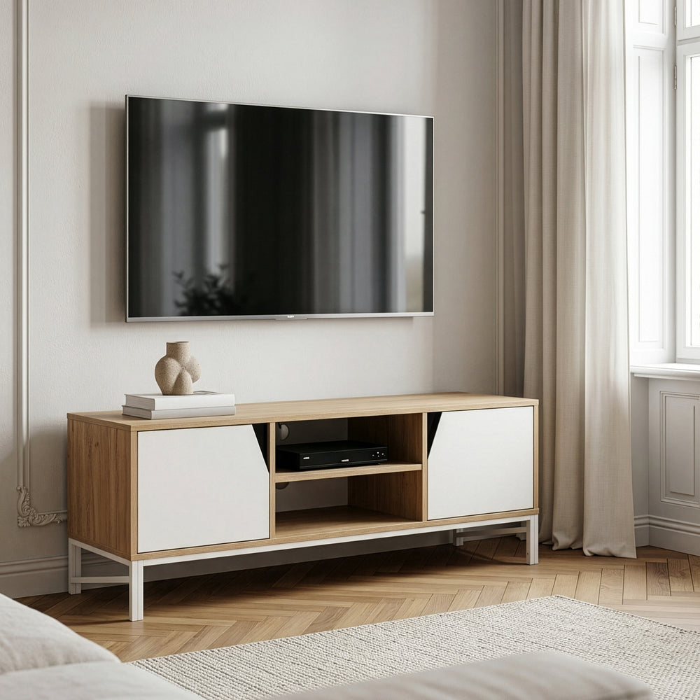 Mobile Porta TV Kerrköndam a 2 Ante 120 x 40 x 46 cm - Effetto Rovere / Bianco [en.casa]