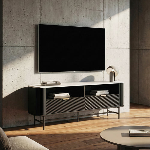 Mobile Porta TV Olvehok con Cassetti e Scomparti Aperti 140x40x55cm Nero / Effetto Marmo Bianco [en.casa] 