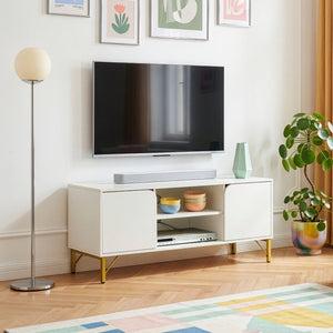 Mobile Porta TV Reyri a 2 Ante e 2 Vani Aperti 120 x 39 x 52 cm - Bianco/Dorato [en.casa]