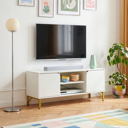 Mobile Porta TV Reyri a 2 Ante e 2 Vani Aperti 120 x 39 x 52 cm - Bianco/Dorato [en.casa]