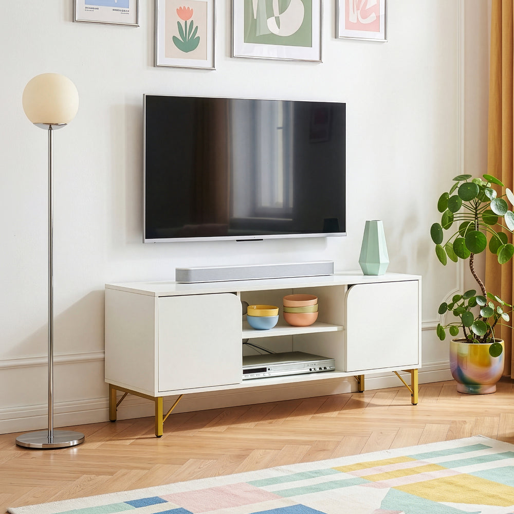 Mobile Porta TV Reyri a 2 Ante e 2 Vani Aperti 120 x 39 x 52 cm - Bianco/Dorato [en.casa]