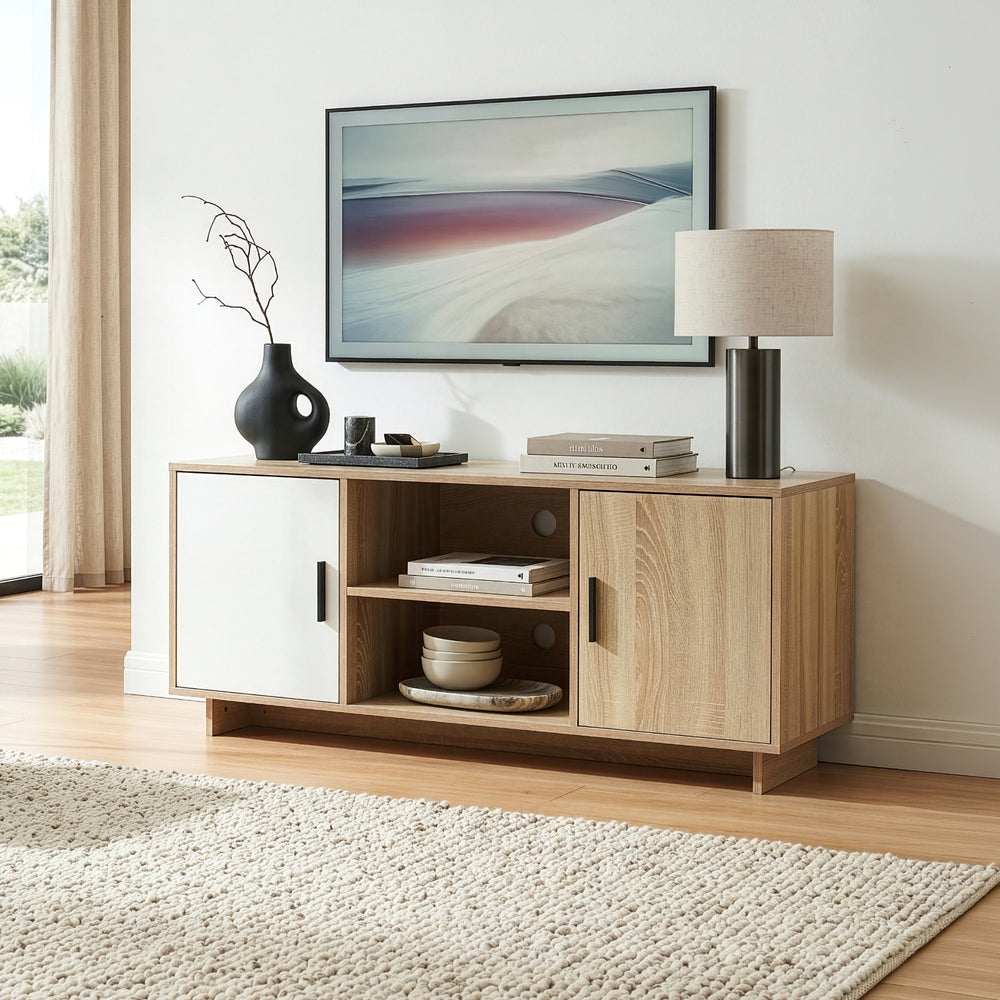 Mobile Porta TV Kenta a 2 Ante e Scomparti Aperti 120x39x52 cm Effetto Rovere Sonoma/Bianco [en.casa]
